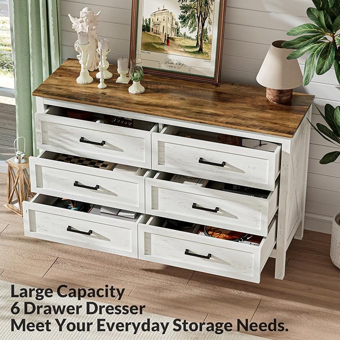 LYNSOM Farmhouse 6 Drawers Dresser for Bedroom, Wood Rustic Wide Chest of Drawers with Deep Drawers, Metal Handle, Storage Dressers Organizer for Entryway, Hallway, Antique White