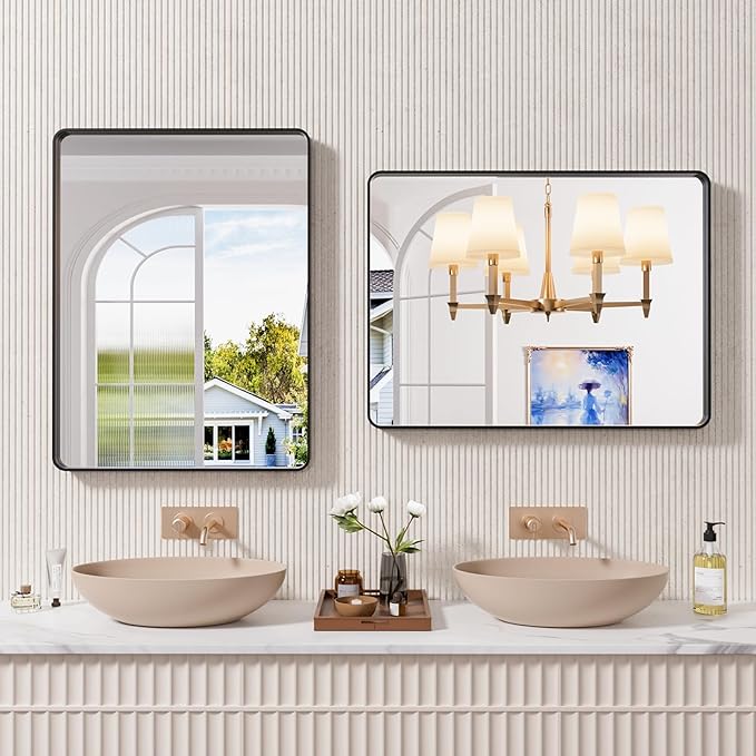 Black Bathroom Mirror 24X32 Inch, Black Metal Framed Mirror for Wall, Rounded Rectangle Matte Bathroom Vanity Mirror with Tempered Glass, Anti-Rust, Horizontal/Vertical