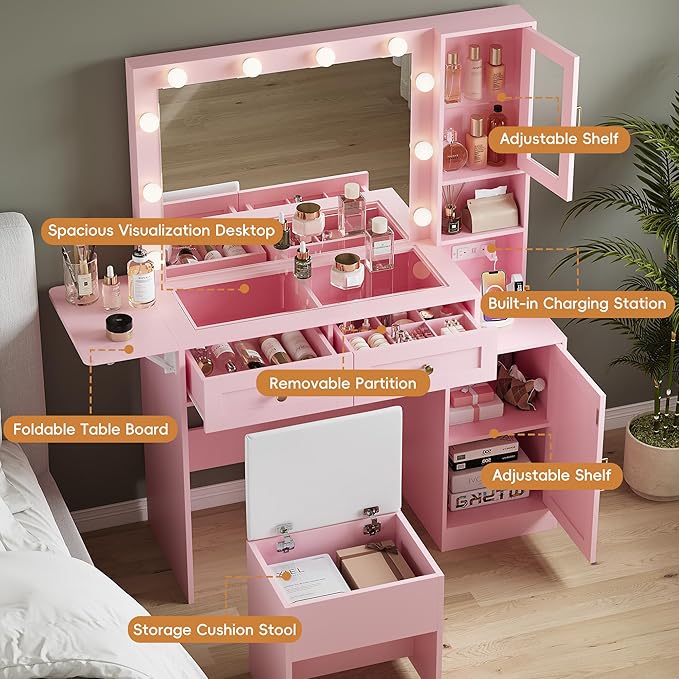 Makeup Vanity Desk with Mirror and Lights, Pink Vanity Table with LED Lighted Mirror & Power Outlet, Dressing Table with Chair, Large Storage Drawer & Cabinet, and Foldable Panel for Girls’ Bedroom
