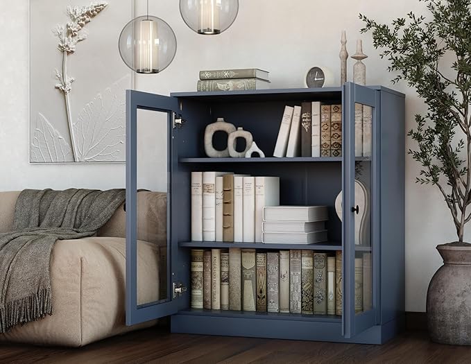 Palace Imports Solid Wood Bookcase - Floor Standing Bookshelf - 32” W - Display Furniture, Renewable 100% Eco-Friendly Wood, Made in Brazil (Antique Blue, Clear Glass Doors | 3-Shelf Short Bookcase)