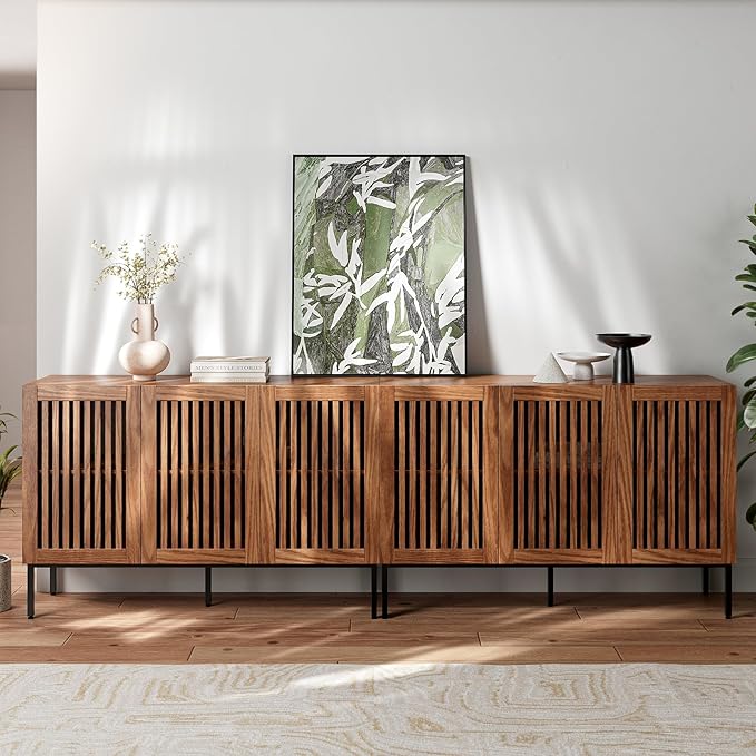 Farmhouse TV Stand for TVs up to 100 inch, 2 in 1 Entertainment Center TV Console with Storage Cabinets and Metal Base,Brown Media Console for Living Room