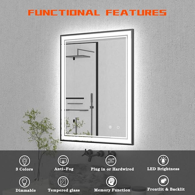 30" x 22" LED Bathroom Mirror with Lights Framed LED Mirror for Bathroom Backlit and Front Lighted Bathroom Mirror Black Square Aluminum Frame Anti-Fog Dimmable Adjustable Shatter-Proof