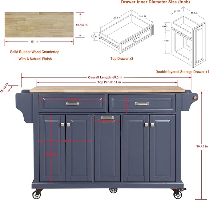 Rolling Solid Wood Kitchen Island with Rubberwood Top, 3 Drawers, 2 Cabinets, Adjustable Shelves, Spice Rack & Locking Wheels – Painted Finish, Navy Blue