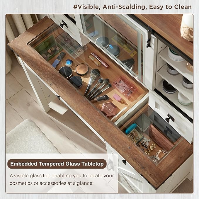 T4TREAM Farmhouse Makeup Vanity Desk with Sliding Mirror and Lights, 42'' Glass Tabletop Vanity Table with 2 Drawers & Shelves, Rustic Big Vanity Set for Bedroom, Antique White