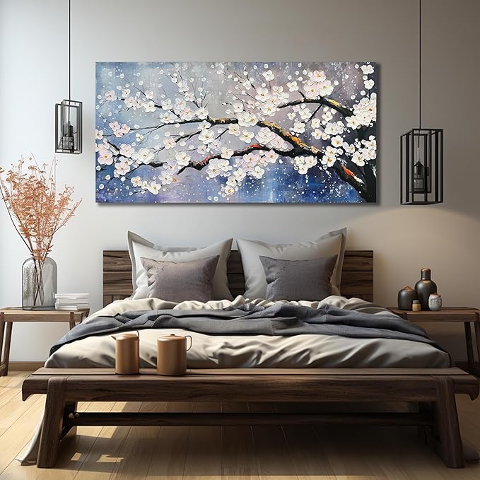 Plum Blossom Painting Wall Decor for Bedroom Women Modern Wall Art for Office Blue and White Wall Art for Living Room Large Size 29 x 58 Inch