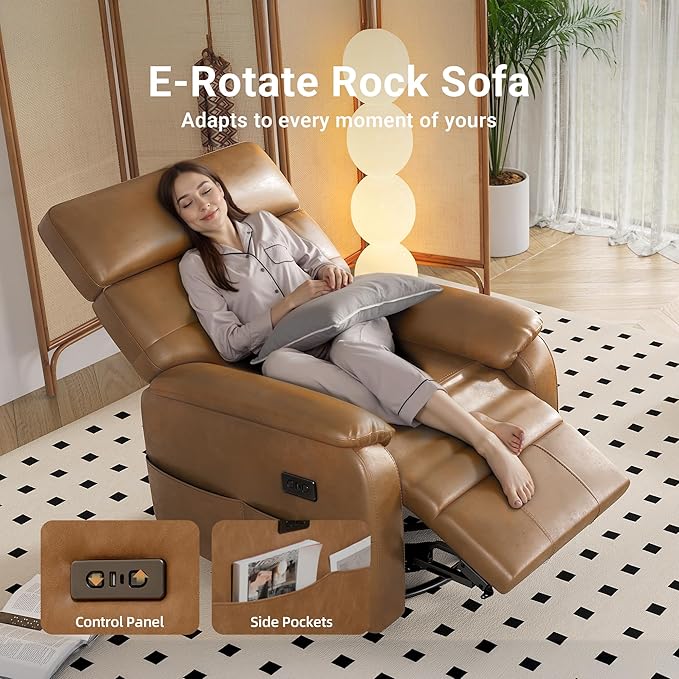 Claiks Power Swivel Rocker Recliner Chair, Oversized Recliner Chairs for Adults, PU Leather Overstuffed Reclining Chair with USB and Type-C Ports for Living Room, Brown
