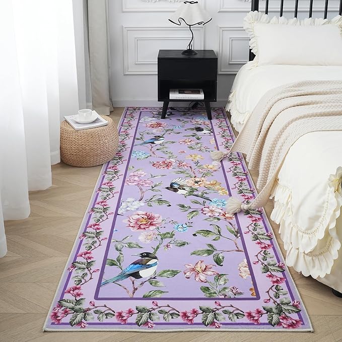 Runners for Kitchen Runner Rug Non Slip 2'x10' Long Washable Rugs with Rubber Backing Soft Floral Bird Magpies Animal Carpet Runner for Kitchen, Laundry, Bedroom, Bathroom (Purple)