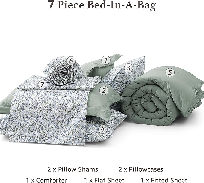 Monbix Full Size Comforter Set - 7 Pieces Sage Green Prewashed Bed in a Bag Full Bedding Sets with Comforters, All Seasons Down Alternative Comforter Bed Set with Sheets,Pillowcases & Shams