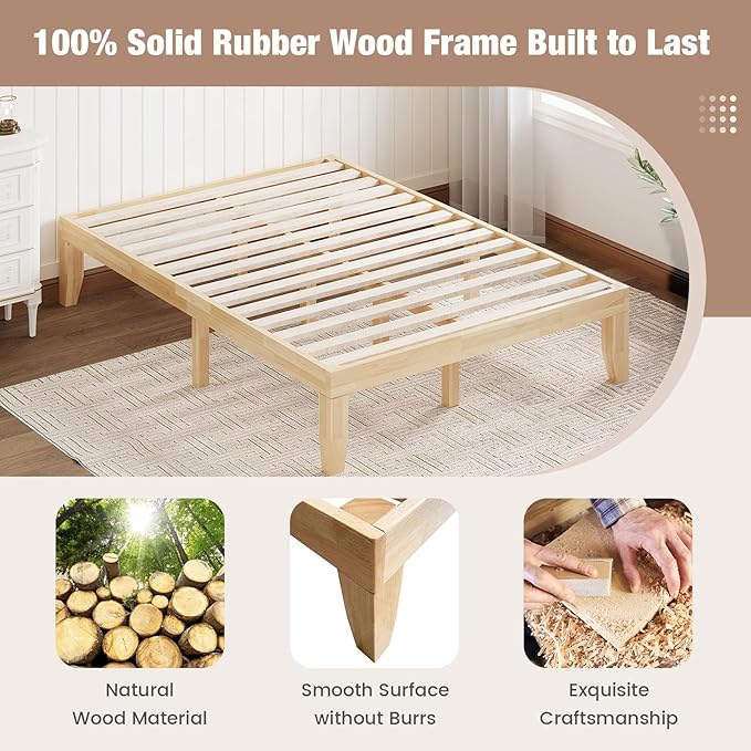 Giantex 14 Inch Full Wood Platform Bed Frame, Minimalist Style Mattress Foundation with Solid Rubber Wood, Heavy Duty Slat Support, Without Headboard, Easy Assembly, No Box Spring Needed, Natural