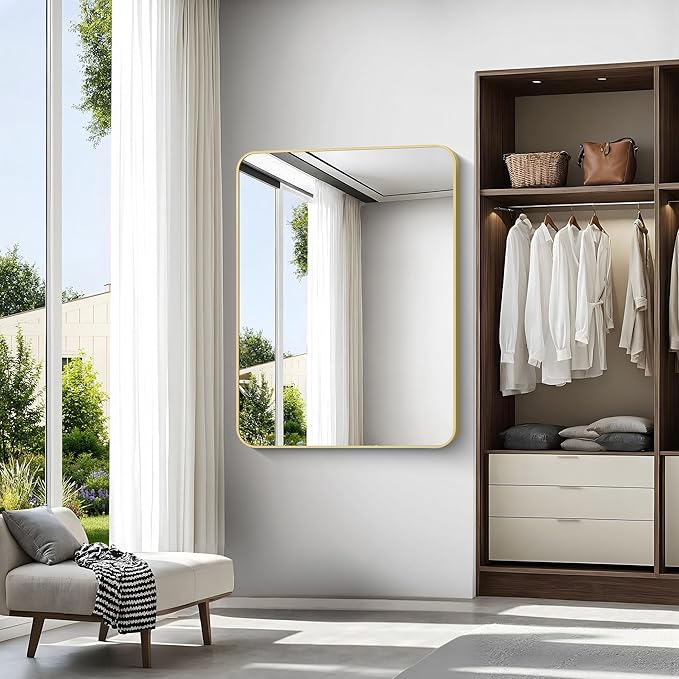 BONEWEI Gold Bathroom Mirror,36x48 inch Wall Mirror for Bathroom Wall Mounted,Round Rectangle Mirror for Bathroom Over Sink,Modern Frame for Home Decor Living Room,Bedroom Entryway,Horizontal/Vertical