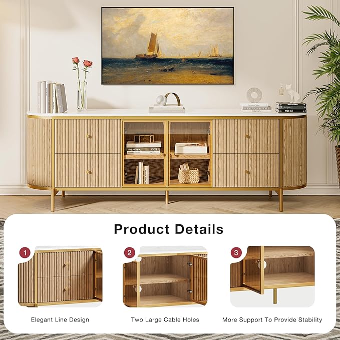 Luxury 70" Fluted TV Stand for TVs Up to 75", Modern Entertainment Center with Faux Marble Top, Media Console with Curved Profile Design, Television Stands for Living Room, Wood