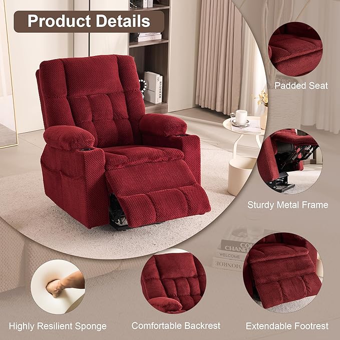 SALOHZA Power Lift Recliner Chair for Elderly with Massage and Heat for Living Room, Electric Recliner Chair for Adults with USB/Type C Port/Cup Holders, Velvet Fabric, Burgundy