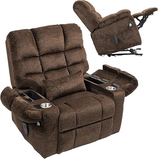3-Motor Lift Chair with Adjustable Seat Height Zero Gravity Lay Flat Recliner with Heat Massage - Flip Arm Storage Cup Holders - Power Lift Recliner for Elderly – Big Tall 400 lbs (Dark Brown)