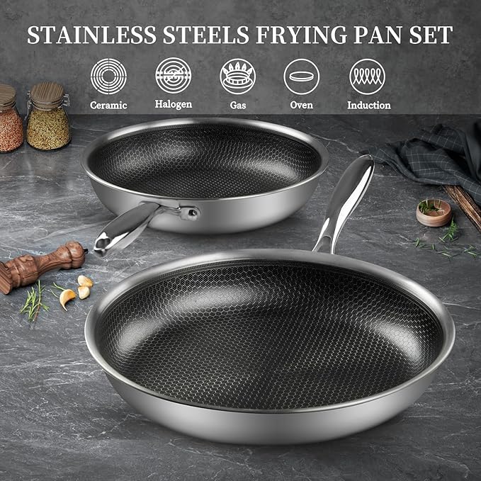Stainless Steel Frying Pan Set with Lid 10" and 12" Nonstick Honeycomb Coatings Skillet Set 2pcs W/Stay Cool Handle,Works Pan for Cooking with Induction Gas Stovetops