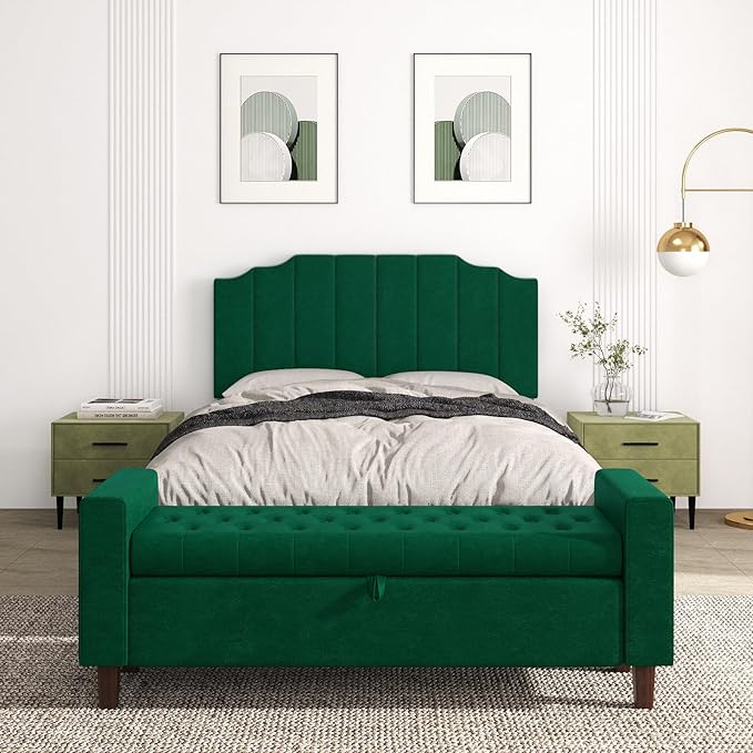 Queen Size Headboard Only, Velvet Wall Mounted Headboard Queen/Full Size for Adjustable Bed, Modern Vertical Channel Design with Curved Tufted Upholstered Head Board, Jade Green