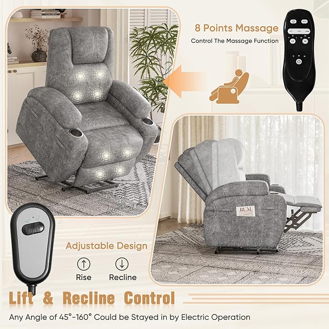 Power Lift Recliner Chair with Massage Electric Lift Chair for Elderly, Ergonomic Recliner with Cup Holders & Side Pockets, Modern Single Sofa for Living Room (Leathaire, Light Gray)