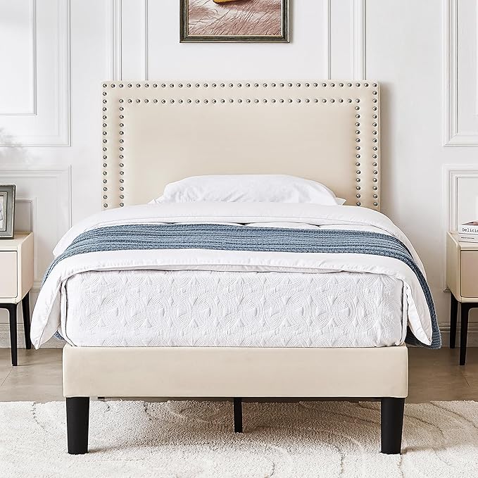VECELO Twin Size Bed Frame with Height Adjustable Headboard, Strong Wood Slat Platform, No Box Spring Needed, Easy Assembly