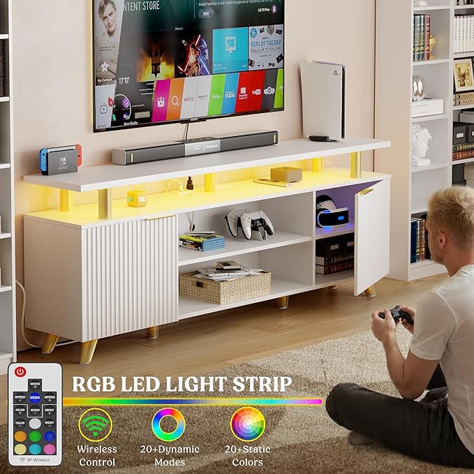 Lulive Luxury Fluted TV Stand for 60/65/70 Inch TV with Power Outlet & LED Light, Modern Entertainment Center with Fluted Panel Design, Modern TV Console Table for Living Room & Bedroom, White