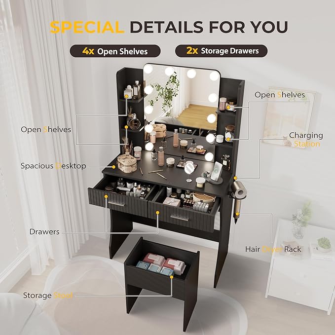 Vanity Desk with LED Lighted Mirror, Makeup Vanity with 3 Adjustable Lights, 2 Large Drawers and 4 Open Shelves, Black Vanity with Storage Stool for Bedroom
