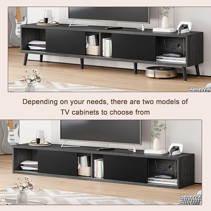 Clikuutory Mid Century Modern 70 Inch TV Stand with Two Large Storage Space for 50 55 60 65 70 75 80 Inch TVs, TV Console with Two Sliding Door, Entertainment Center for Bedroom, Grey