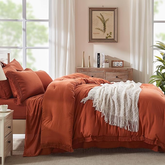 Andency Full Size Comforter Set Burnt Orange -7 Pieces Boho Tassel Bed in a Bag Soft Lightweight Bedding Sets, Terracotta Rust Fringe All Season Bed Set with Comforter, Sheets, Pillowcases & Shams