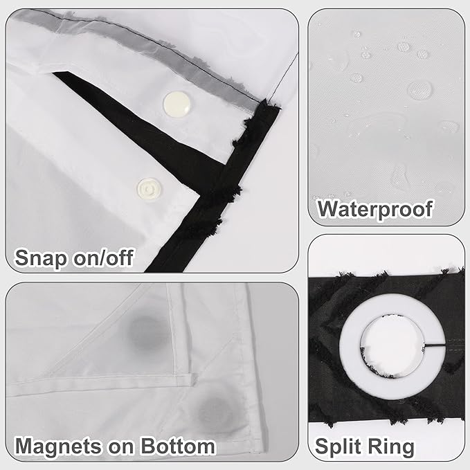 No Hook Shower Curtain Set with Snap in Liner, Black Jacquard Tufted Geometric Bath Curtain, Boho Luxury Hotel Bathroom Decor, Waterproof Washable, 71 x 80 Inch