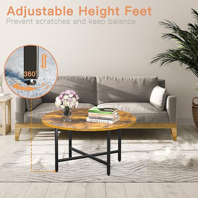 Round Coffee Table, 23.6" Small Coffee Tables for Living Room, Circle Coffee Table with Metal Frame, Floor Table Desk for Sitting on The Floor, Home, Office, Rustic Brown