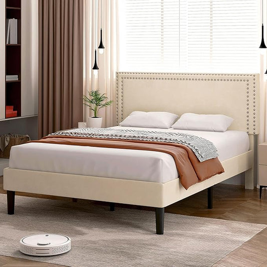 VECELO Full Size Bed Frame with Adjustable Upholstered Headboard, Wooden Slats Platform, Noise-Free Design, Easy Assembly
