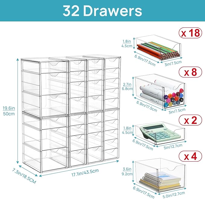Vtopmart Acrylic Organizer with 32 Drawers, Desk Organizers and Accessories, Clear Makeup Organization, Dustproof Storage Drawers for Office Art Craft Supplies