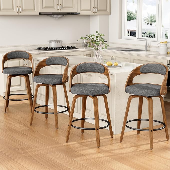 Swivel Bar Stools Set of 4, 26" Counter Height Bentwood Barstool, Mid-Century Modern Upholstered Fabric Bar Chair with Back and Footrest, for Kitchen Island, Bar, Cafe, Dining Room, Grey Linen