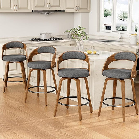 Swivel Bar Stools Set of 4, 26" Counter Height Bentwood Barstool, Mid-Century Modern Upholstered Fabric Bar Chair with Back and Footrest, for Kitchen Island, Bar, Cafe, Dining Room, Grey Linen