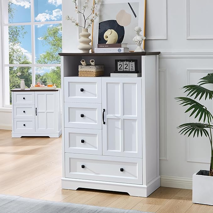4+1 White Dresser for Bedroom, Chest of Drawers for Bedroom with Wooden Drawers and Cross Door, Wood Dressers Storage TV Stand for Bedroom, Living Room