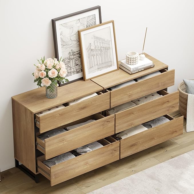 WAMPAT Dresser for Bedroom, Closet Organizers and Storage with 12 Drawers, Chest of Drawers with Metal Base, Wooden Modern Dresser for Living Room, Bedroom, Entryway, Oak