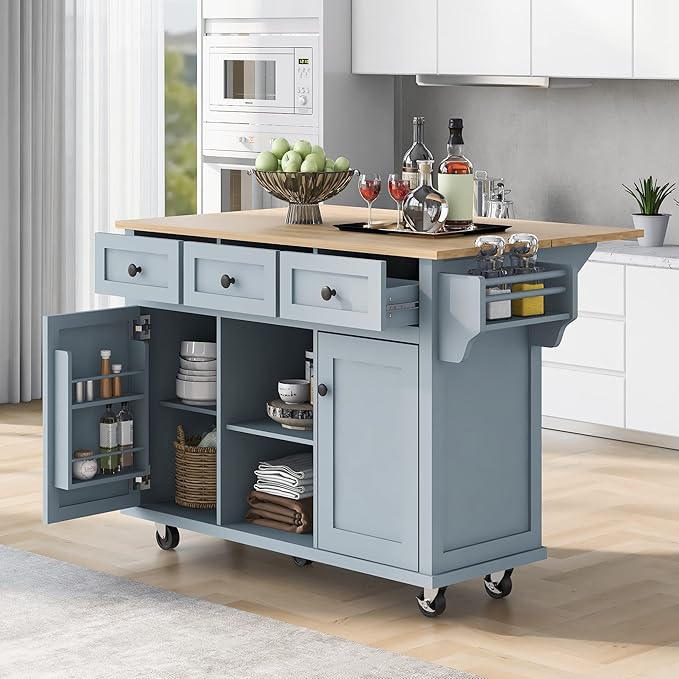 Rolling Kitchen Island Cart on Wheels with Drop-Leaf Cabinet Door Internal Storage Rack, 3 Drawers for Kitchen, Dining Room, Living Room, Home Bar, Bathroom 53.1"W*29.5"D*37.2"H Grey Blue