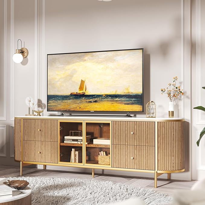 Luxury 70" Fluted TV Stand for TVs Up to 75", Modern Entertainment Center with Faux Marble Top, Media Console with Curved Profile Design, Television Stands for Living Room, Wood