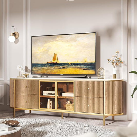 Luxury 70" Fluted TV Stand for TVs Up to 75", Modern Entertainment Center with Faux Marble Top, Media Console with Curved Profile Design, Television Stands for Living Room, Wood