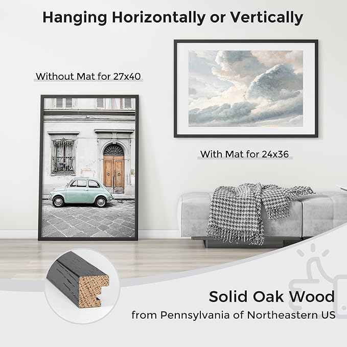 Axeman 27x40 Picture Frame with Mat for 24x36, Solid Oak Wood Poster Frame with Tempered Glass for Home Decor, Wooden 27''x40'' Minimalist Photo Frame Movie Poster Frame with Wall Hooks, Black