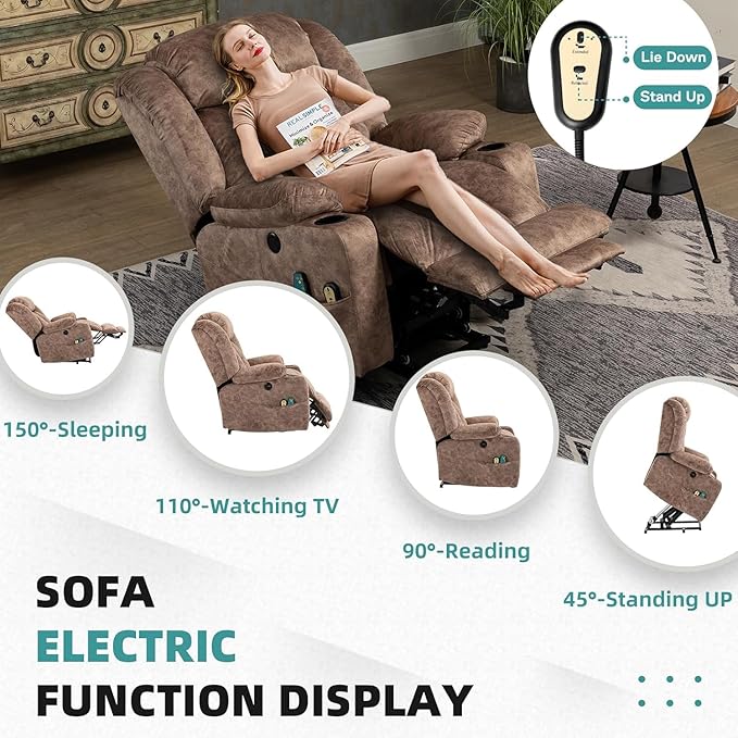 MEETWARM Large Power Lift Electric Recliner Chair with Extended Footrest for Big Tall Man, Overstuffed Wide Recliner with Heat and Massage, 2 Remote Controls/4 Side Pockets/USB Ports(Plush-Brown)