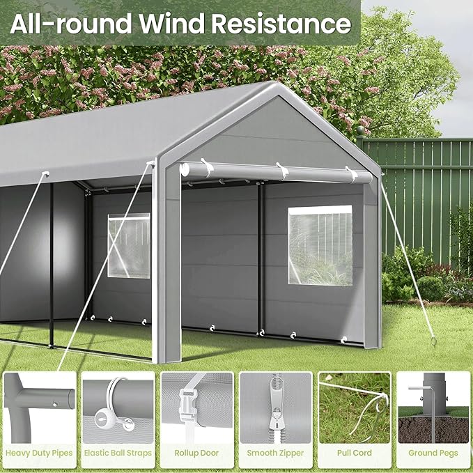 Carport 10x20 Ft, Heavy Duty Car Canopy with Reinforced Ground Bar, Portable Garage with Roll-up Windows and Removable Sidewalls, Galvanized Car Shelter, Large Outdoor Carports (Grey)