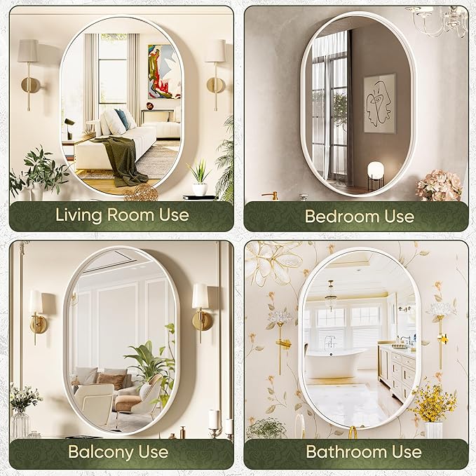 Suidia 20" x 30" Bathroom Mirror, Bathroom Vanity Mirror Metal Framed, Wall-Mounted Mirrors for Bedroom, Living Room, Entryway, Hallway, White, Oval Style