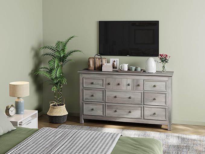 LGHM Long Dressers for Bedroom, Large 9 Drawers Dresser, Chests of Drawers TV Stands, Sturdy and Stable Storage Organizer - Thick Support Legs Design, 6" Deep Drawer for Bedroom,Living Room, Gray