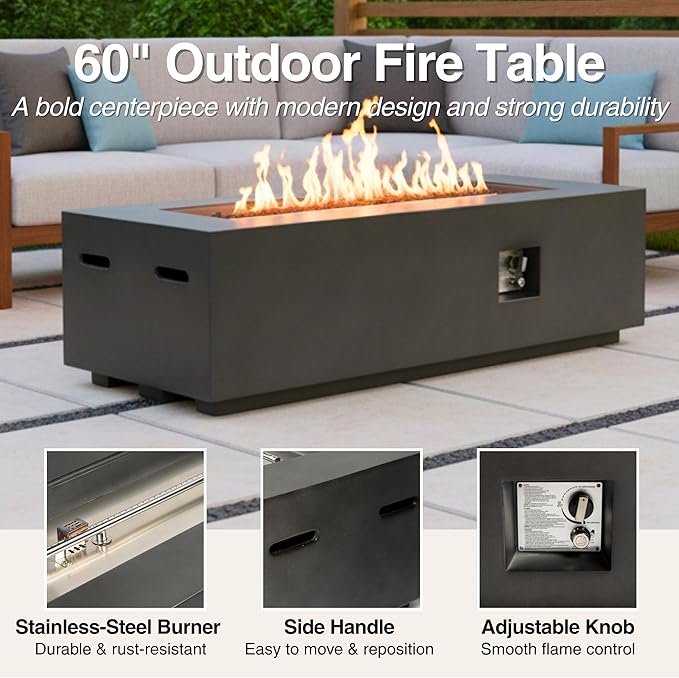 HillAethel 60-Inch Propane Fire Pit Table with Propane Tank Side Table,Set-2-Piece,60,000 BTU Concrete Gas Fire Pit with Free Rain Cover, Tank Seat, Lava Rocks, for Outside Patio Backyard,Dark Grey