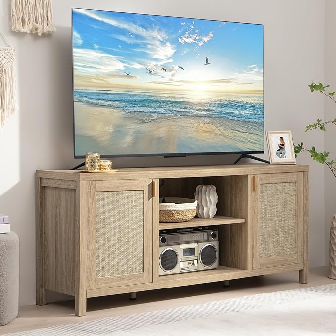 SICOTAS Rattan TV Stand for Living Room - 26" Tall TV Console Cabinet with Storage and Adjustable Shelf, Boho Entertainment Center, 59" Media Console for 50, 55, 65 Inch TV, Light Oak