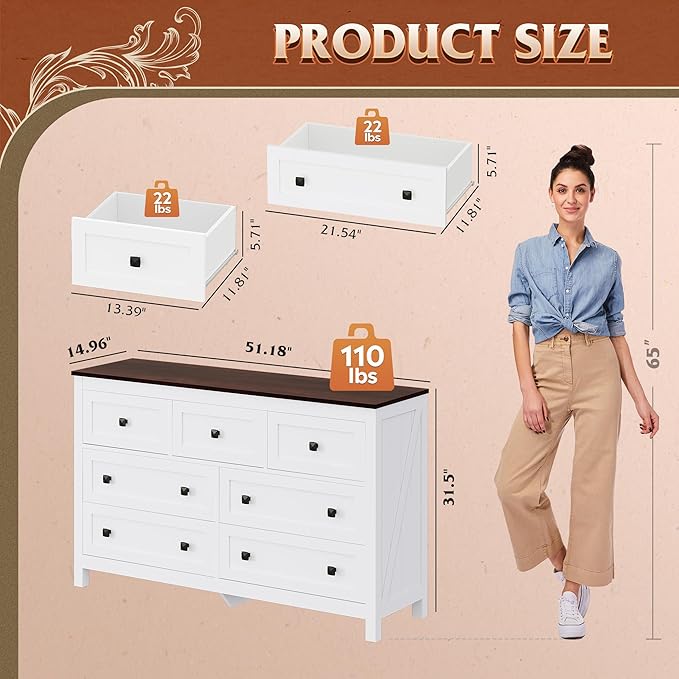 WLIVE Farmhouse Dresser for Bedroom, 51.18'' Wide 7 Drawer Wood Dresser, White TV Stand for 65 inch TV, Wooden Chest of Drawers for Bedroom, Modern Clothes Organizer for Living Room, Hallway