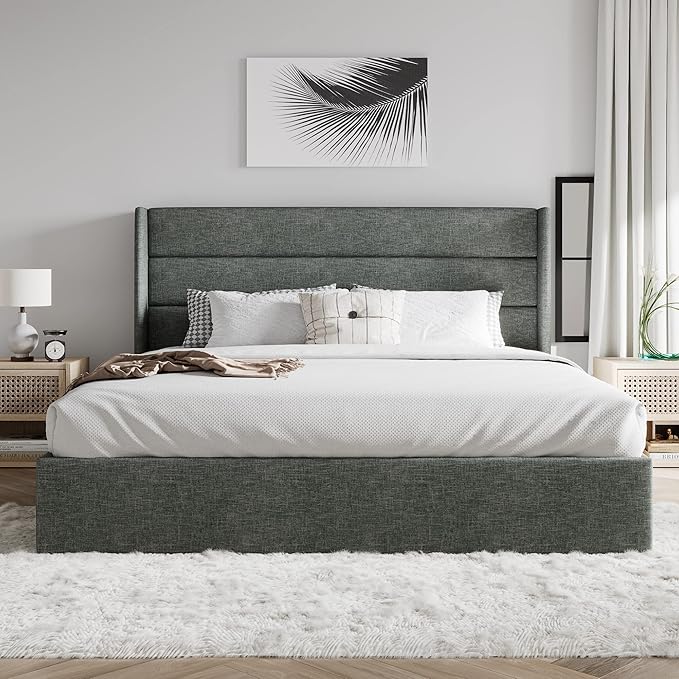 SHA CERLIN King Size Lift Up Storage Bed/Modern Wingback Headboard/Upholstered Platform Bed Frame/Hydraulic Storage/No Box Spring Needed/Wood Slats Support/Dark Grey