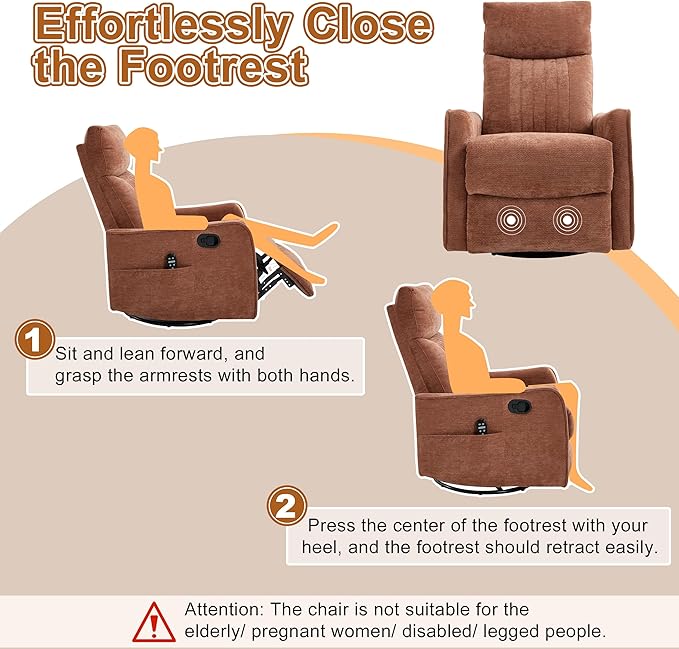 Manual Swivel Rocker Recliner Chair for Adults, Overstuffed Recliner Glider with Massage and Heat, Living Room Reclining Chair, Fabric Orange