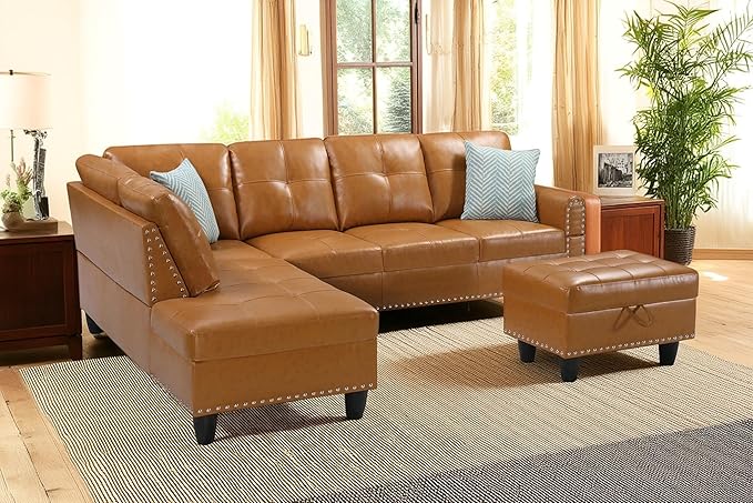 98 Inch L Shaped Sectional Sofa with Chaise Lounge, Storage Ottoman and 2 Pillows, 4-Seaters Faux Leather Upholstered Tufted Couch w/Cupholder & Nailhead Trim for Living Room, Office, Ginger