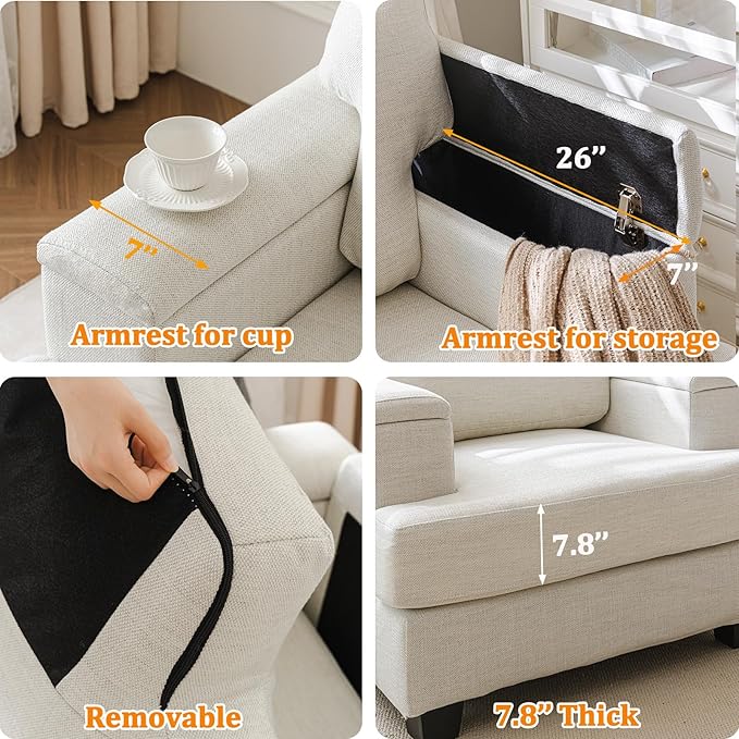 Oversized Accent Chair with Armrest Storage,38”W Big Armchair with 7.8'' Thick Cushion,Deep Seat,Large Comfy Reading Chair, Living Room Chairs,Sofa Chair for Bedroom,Linen