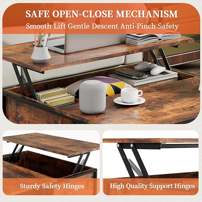Lift Top Coffee Table with Storage,Square Coffee Tables with Hidden Compartment,Farmhouse Rustic Lift Tabletop Pottery Barn Coffee Table with Opening Drawers for Living Room,Assemble Required