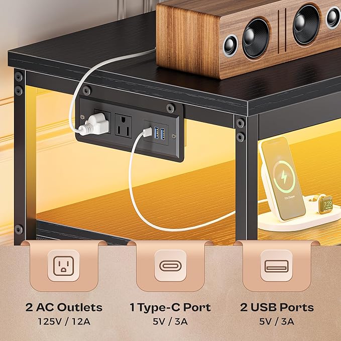 Huuger 63 Inch TV Stand for 55, 65, 70 Inch TV, Long Dresser TV Stand for Bedroom, Black LED TV Stand with Power Outlets, Fabric Drawer Dresser with Storage, Entertainment Center for Living Room